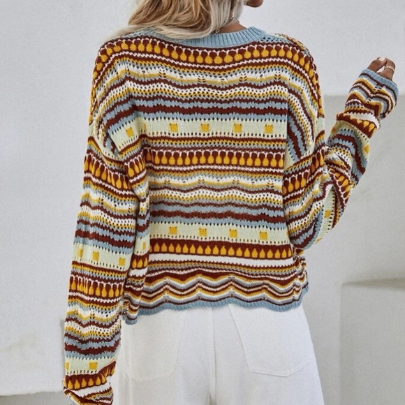 Boho striped pointelle knit sweater - Picture 3 of 6
